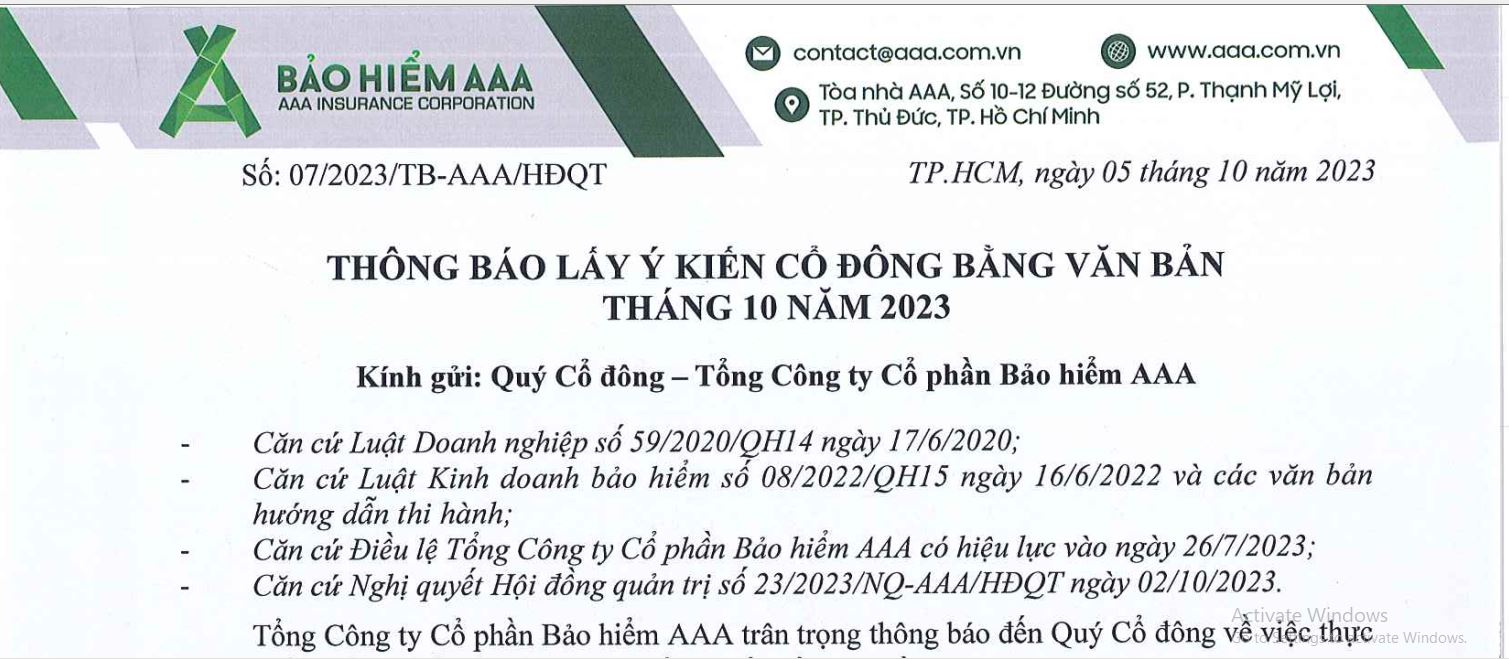 LẤY Ý KIẾN CỔ ĐÔNG BẰNG VĂN BẢN THÁNG 10 NĂM 2023